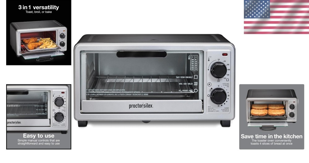 4 Slice Multi-Function Toaster Oven with Timer & Auto Shut-Off - Black & Silver