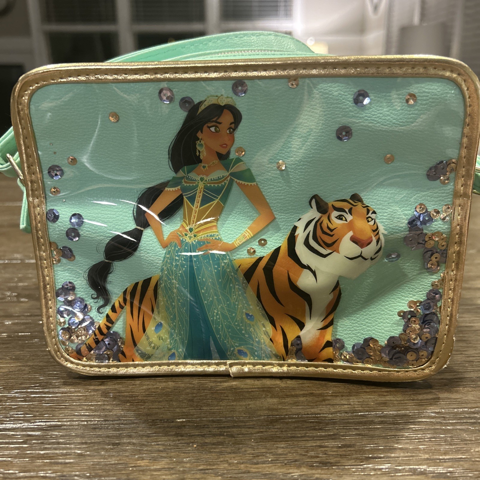 Disney Jasmine & Rajah Beautiful Crossbody Bag Danielle Nicole Teal Sparkle EUC
