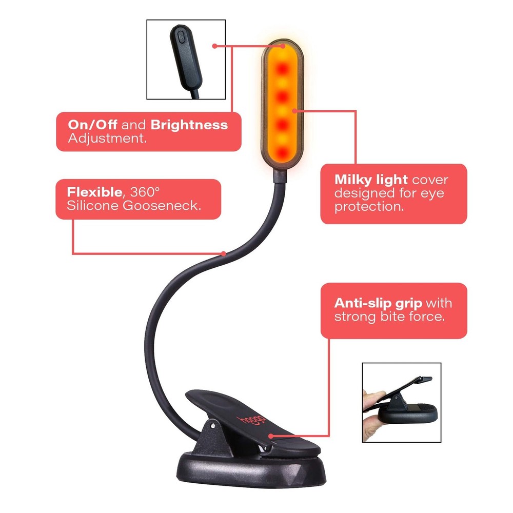 Amber Book Light – Blue Light Blocking Reading Light for Bed, Stepless Dimmin...