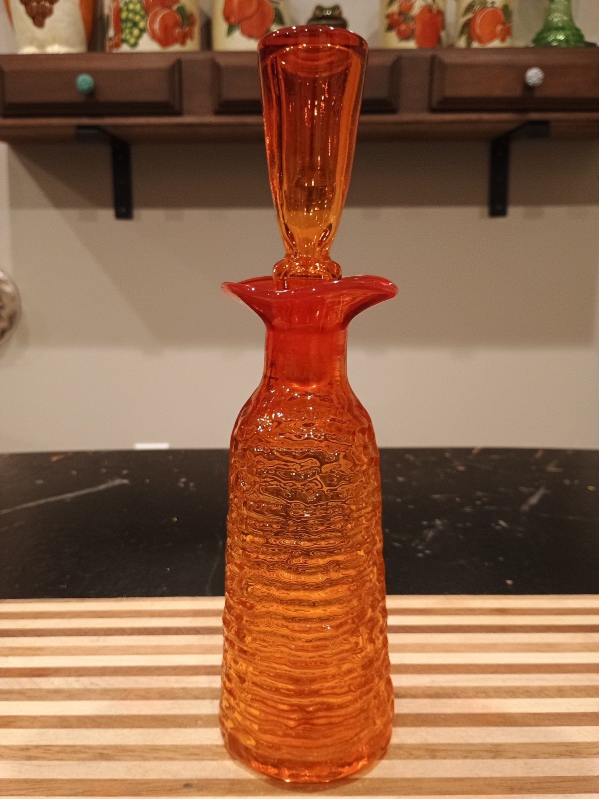 Vintage MCM 11" Rainbow Ribbed Glass Tangerine Orange Decanter With Stopper
