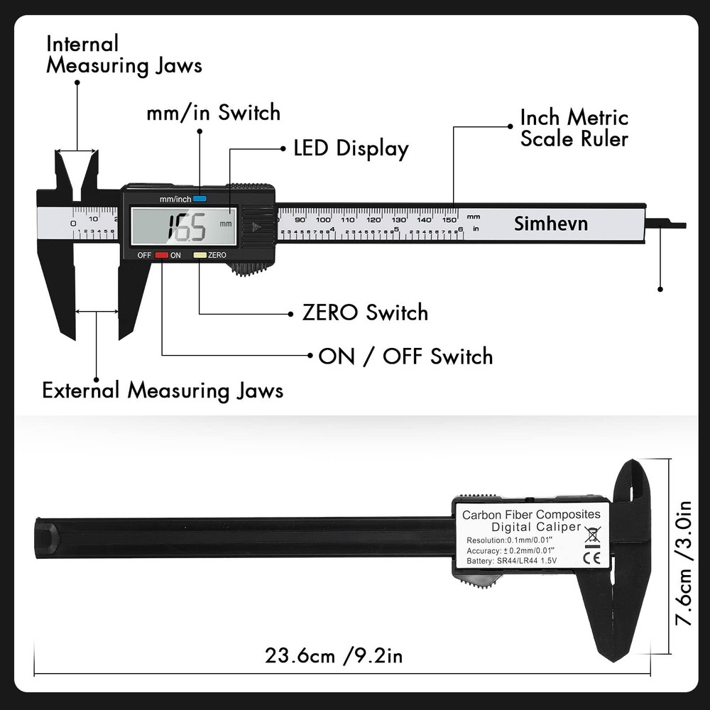 Digital Caliper Measuring Tool w/ Inch Millimeter Conversion Micrometer Ruler
