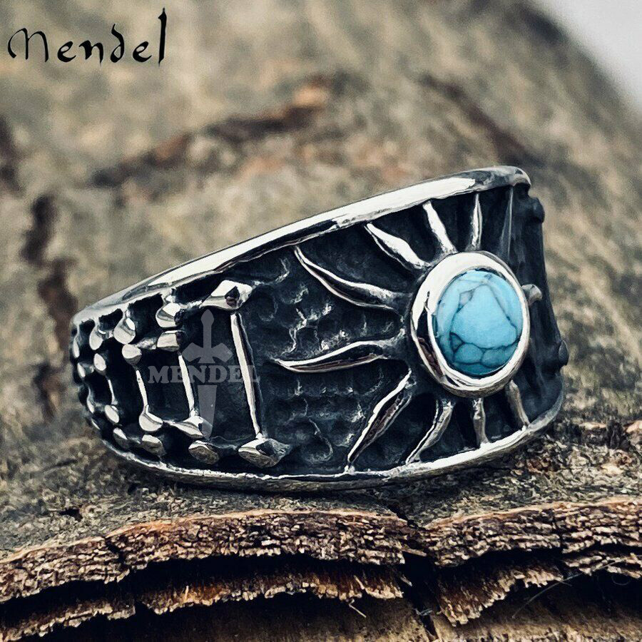 MENDEL Mens Sun Turquoise Biker Band Ring Stainless Steel Size 7 8 9 10 11 12-15