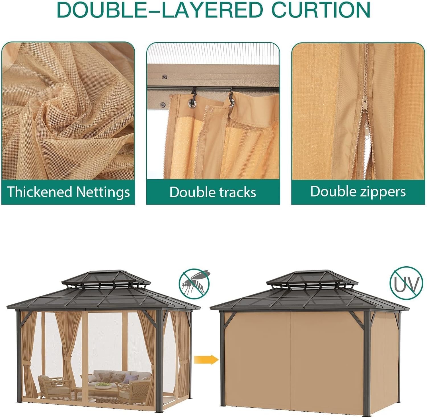 10x12 ft Outdoor Hardtop Gazebo Steel Frame Net Curtains Deck Pool Brown