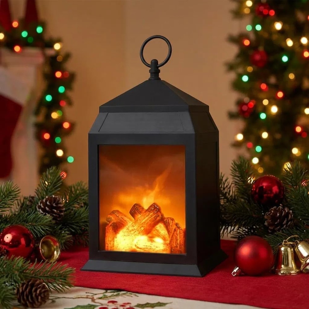 Black Tabletop Fireplace Lantern, Realistic Flame, Timer, USB/Battery, Indoor...