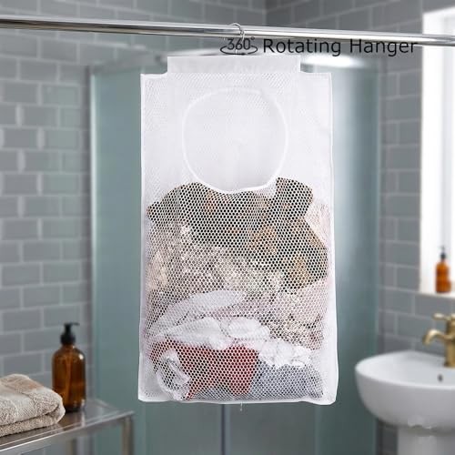 Breathable Mesh Laundry Hamper,Foldable Hanging Closet Storage White