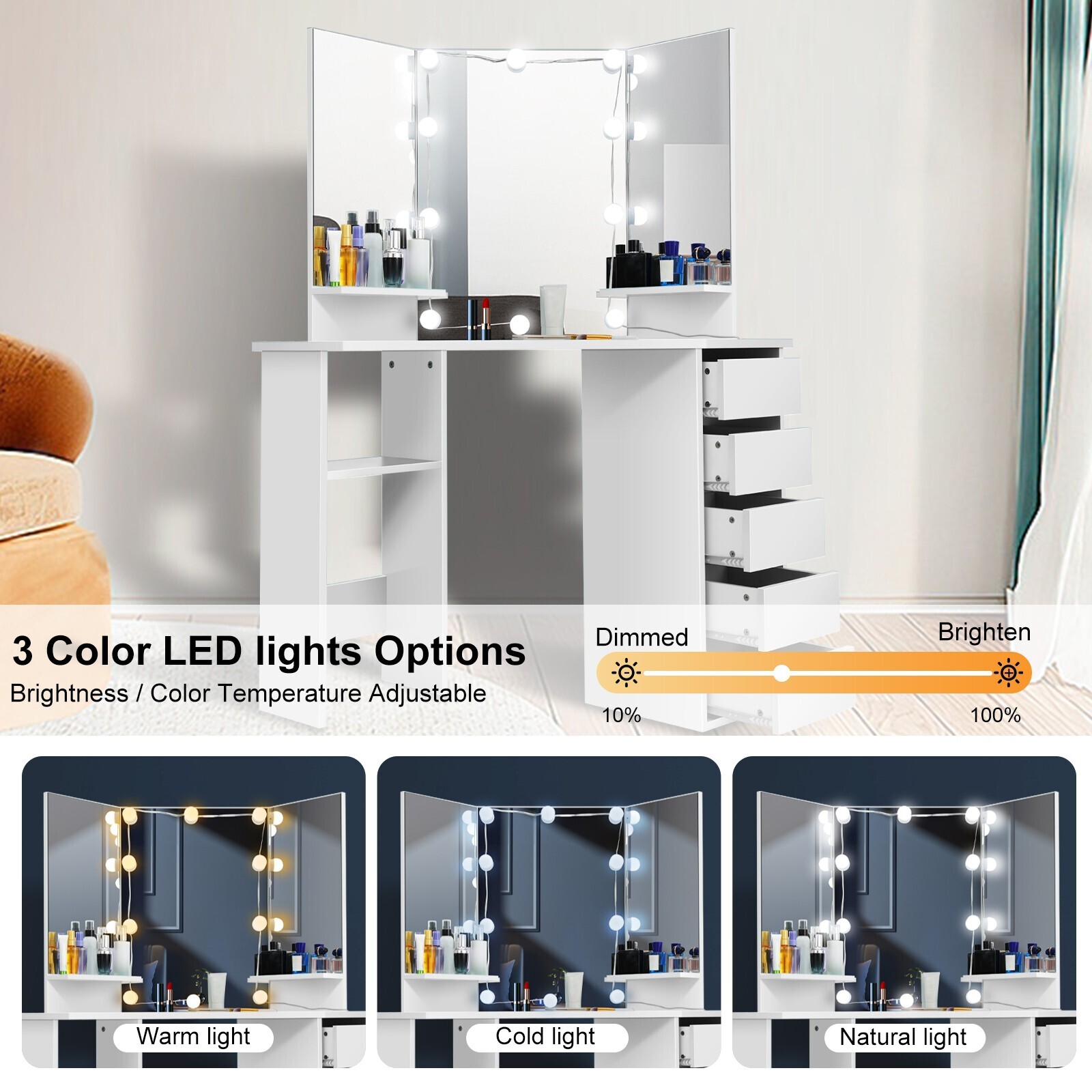 Corner Makeup Vanity Desk Bedroom Vanity Table with Lighted Mirror 3 Colors