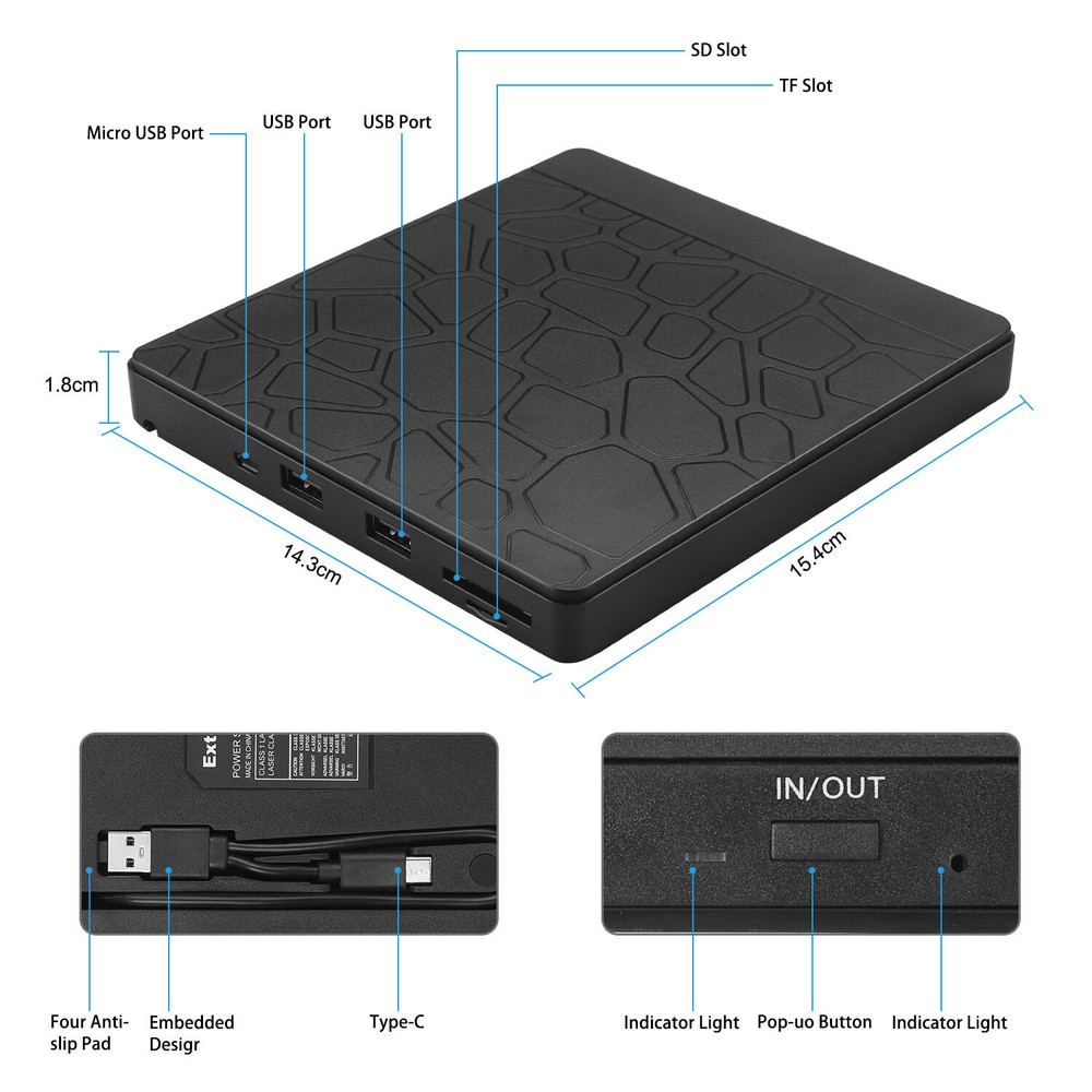 Type C USB 3.0 CD DVD +/- RW Burner External DVD Drive Optical Disk Drive SD/TF