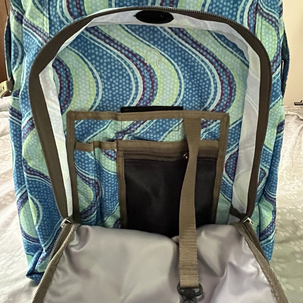 LL Bean Deluxe Blue Backpack Reflective Strip Waves Design Many Pockets