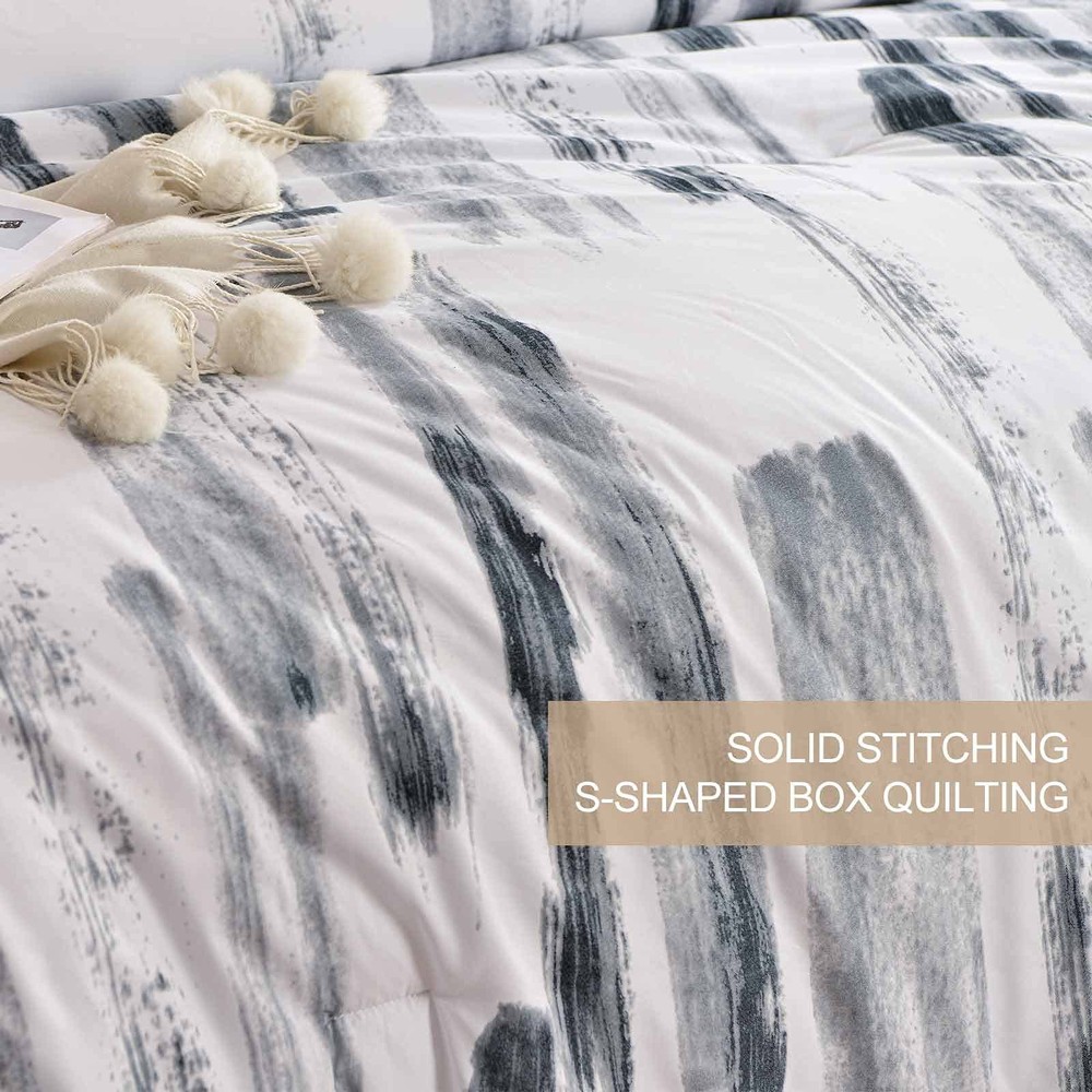 Nanko Queen Comforter Set 3pc, Art Grey White Printed Pattern Reversible Down