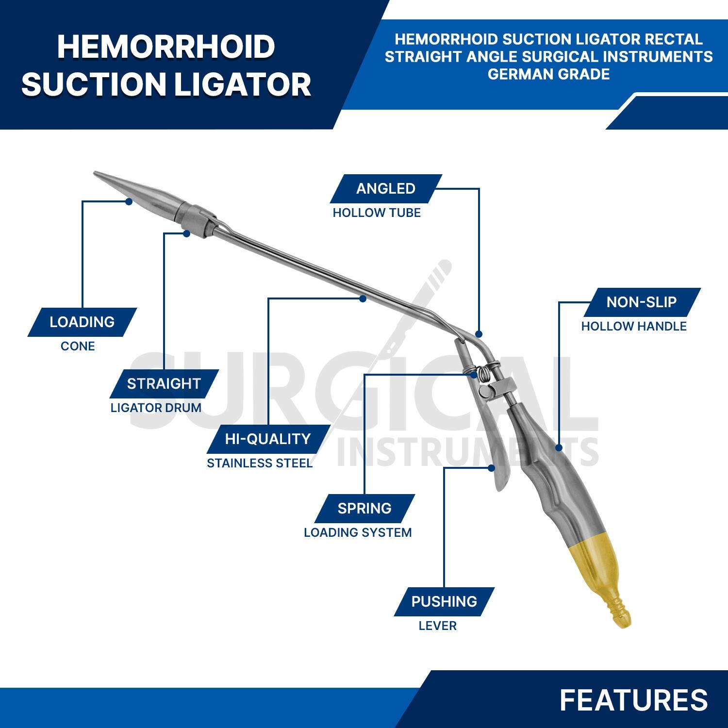 Hemorrhoid Suction Ligator Straight Angle & 100 Latex Bands Surgical Instruments