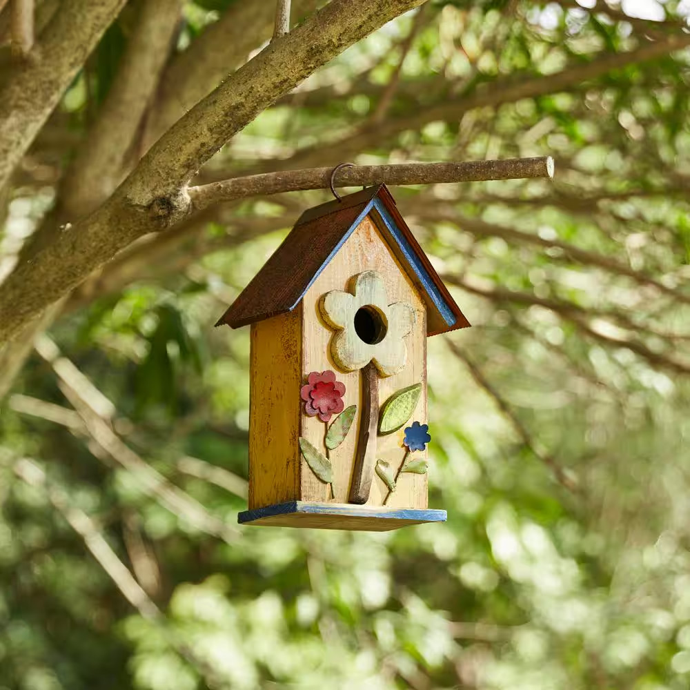 10.25 In. H Distressed Solid Wood Birdhouse with Flower