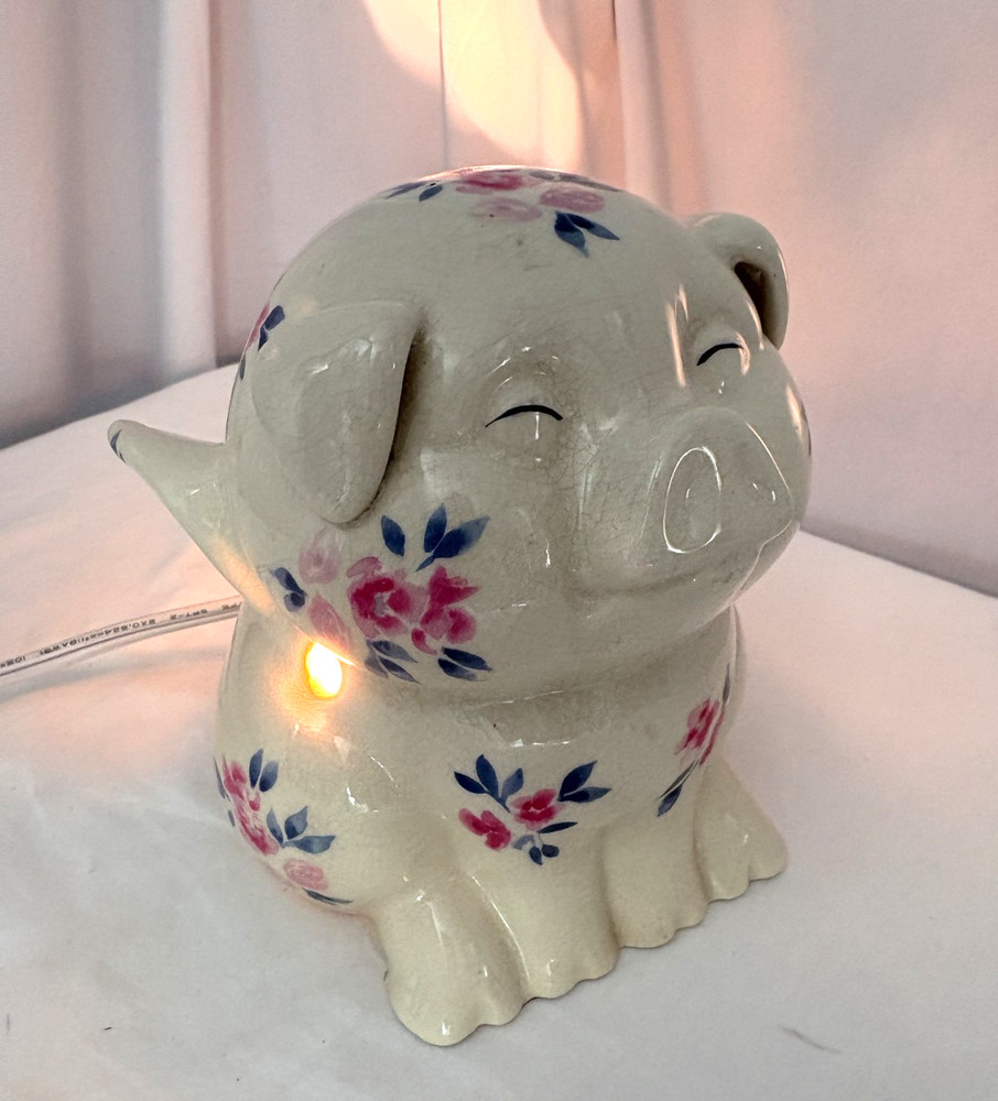 Ceramic Flying Pig Night Light Lamp Roses 6"