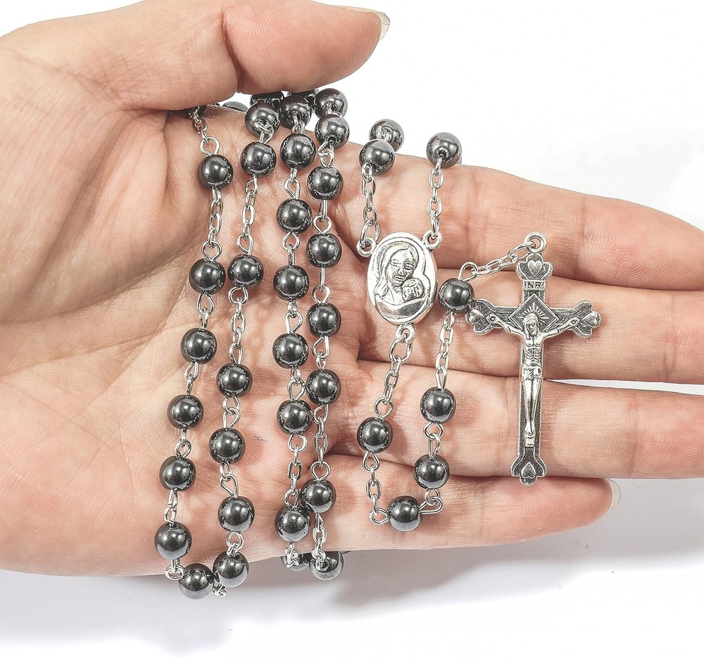 Hematite Rosary Beads Necklace with Jerusalem Holy Soil Religious Pendant