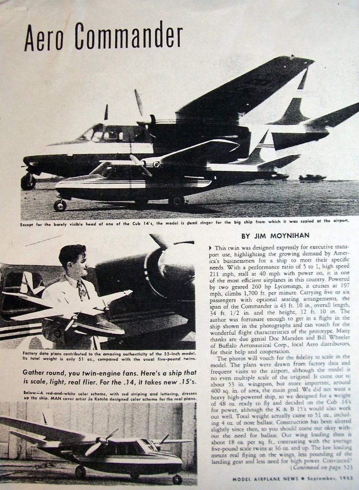 Two AERO COMMANDER PLANS + CONSTRUCTION ARTICLE for 49" UC Scale Model Airplane
