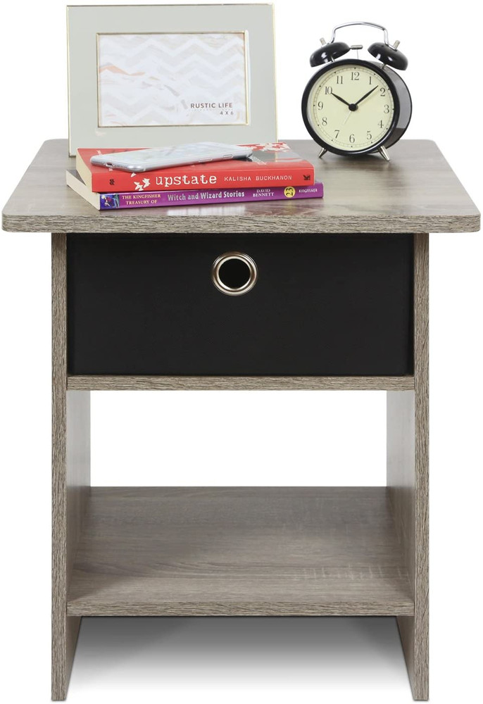 End Table / Side Table / Night Stand with Bin Drawer, Oak Grey/Black