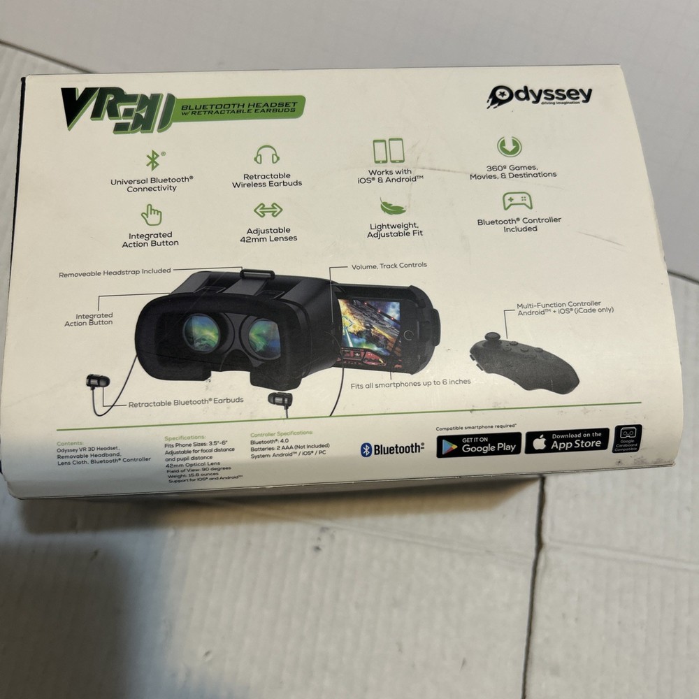 Odyssey VR 3D Pro Elite Virtual Reality Bluetooth Headset Retractable Earbuds