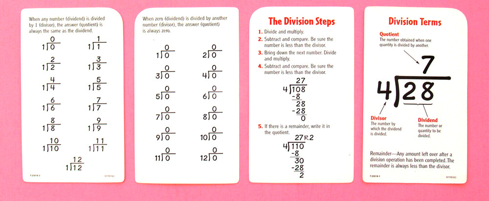 3 MATH FLASH CARDS—SUBTRACT + DIVISION—BASIC FACTS—COLORFUL—STORAGE BOXES