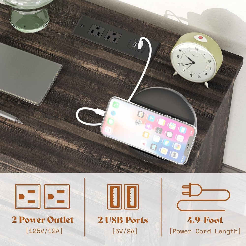 Nightstand Set of 2 with Charging Station, Rustic Bedside Table with Drawer