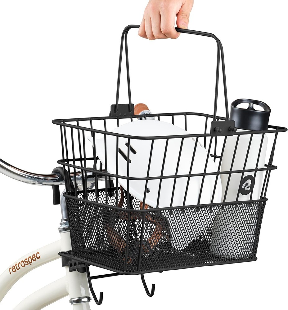 Durable Half-Mesh Bicycle Front Basket with Hooks and Handles, 15 lbs Capacity