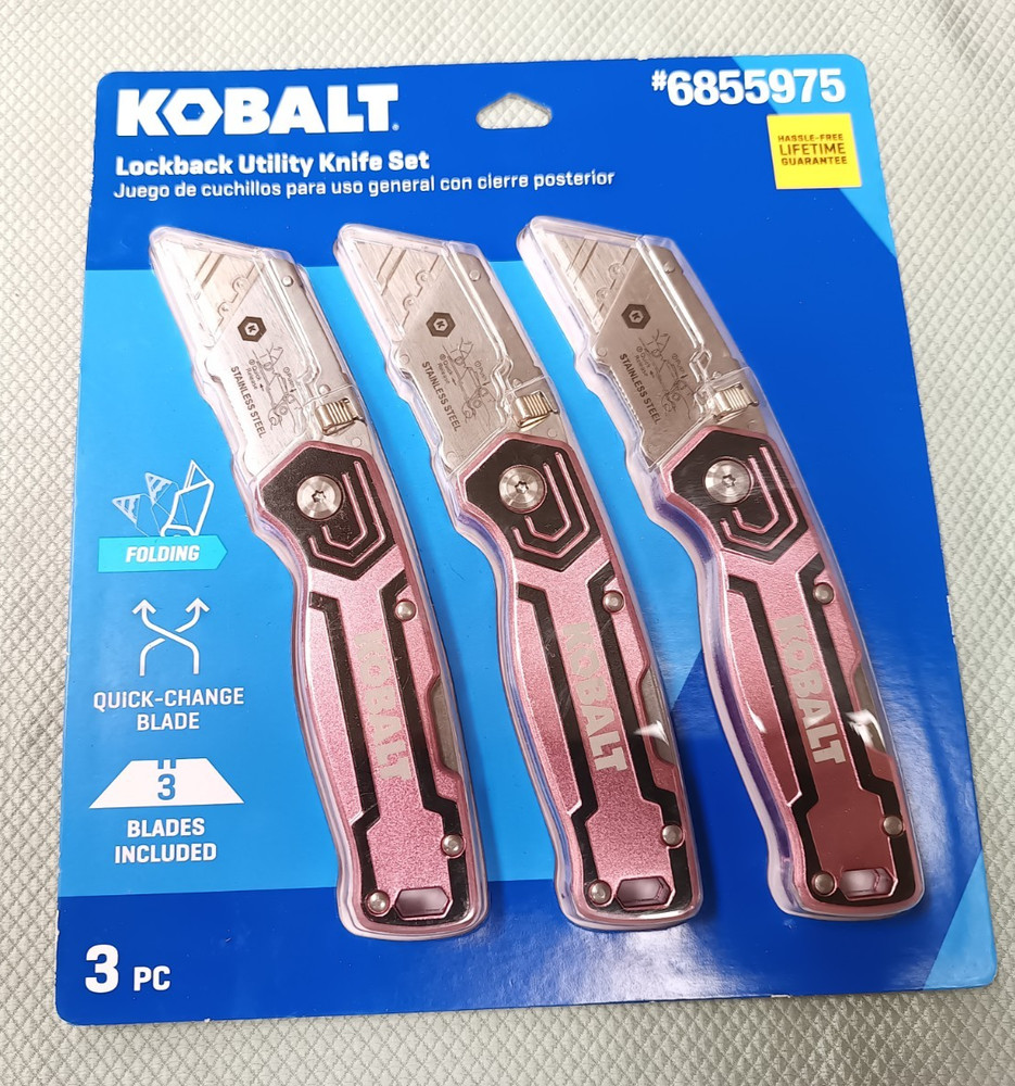 Kobalt 3 pc. Lockback Quick-Change Utility Knife Set - Pink Aluminum Handle