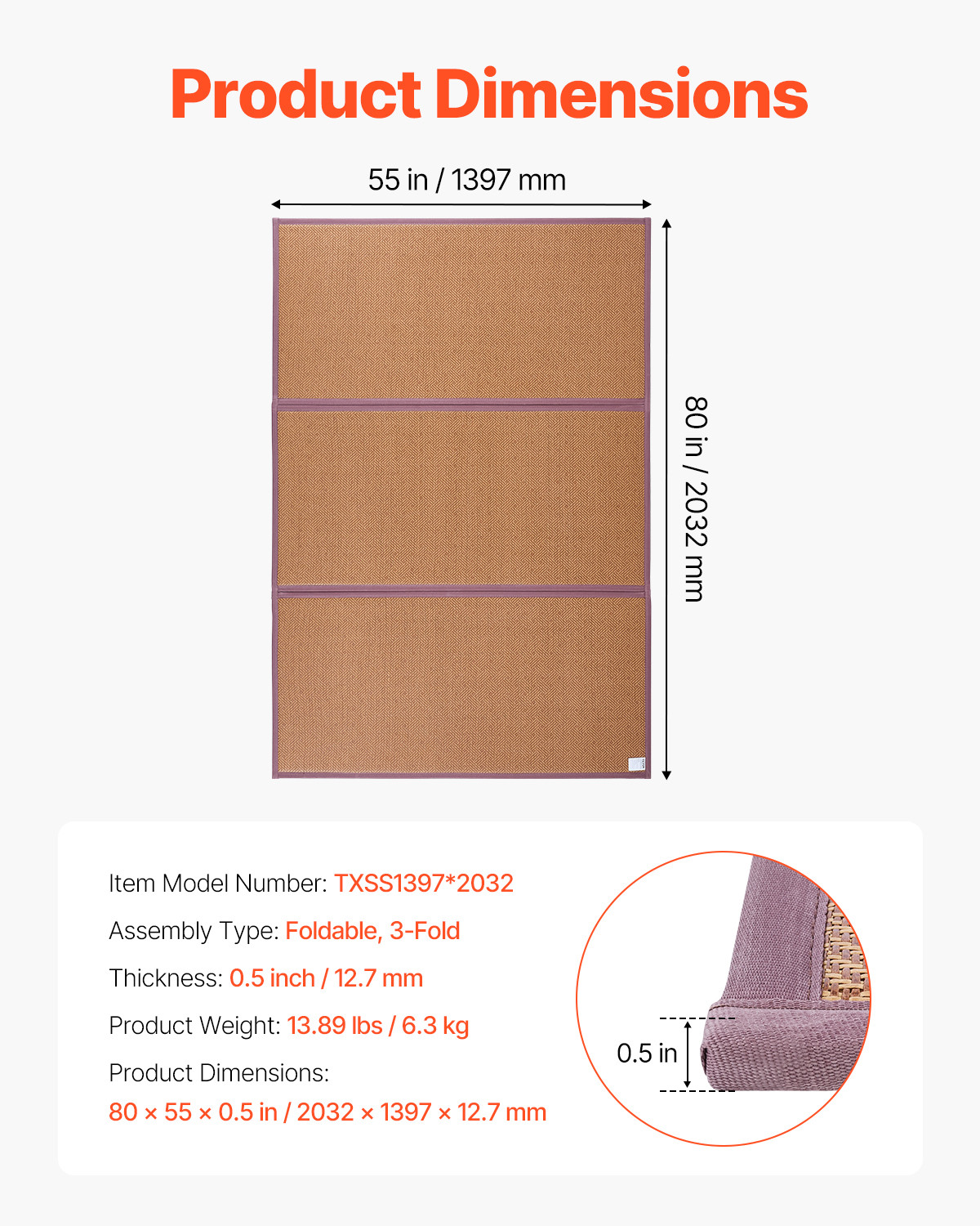 Japanese Tatami Mat 80 x 55 in Foldable Natural Rattan Tatami Mattress