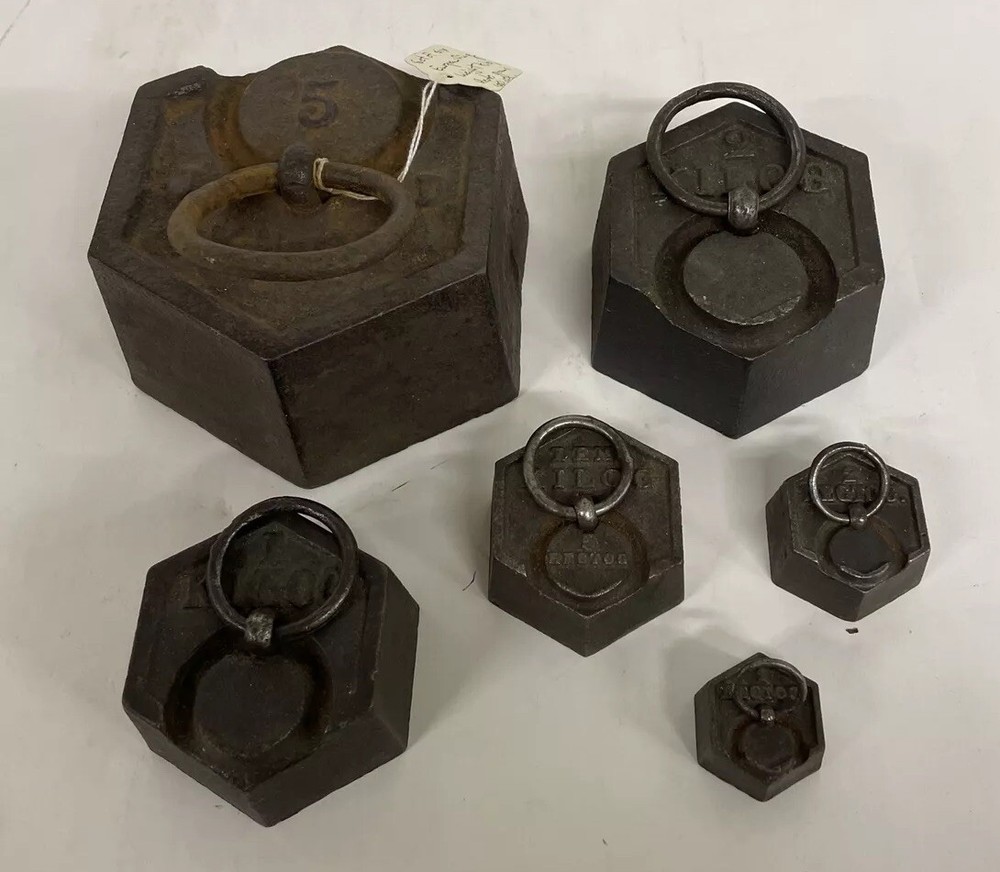 Antique KILOGRAM IRON RING WEIGHTS 6 Hexagonal For Scale