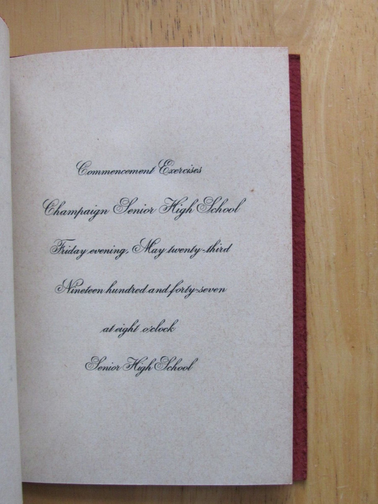 1947 CHAMPAIGN IL HIGH SCHOOL SENIOR COMMENCEMENT PROGRAM CARD