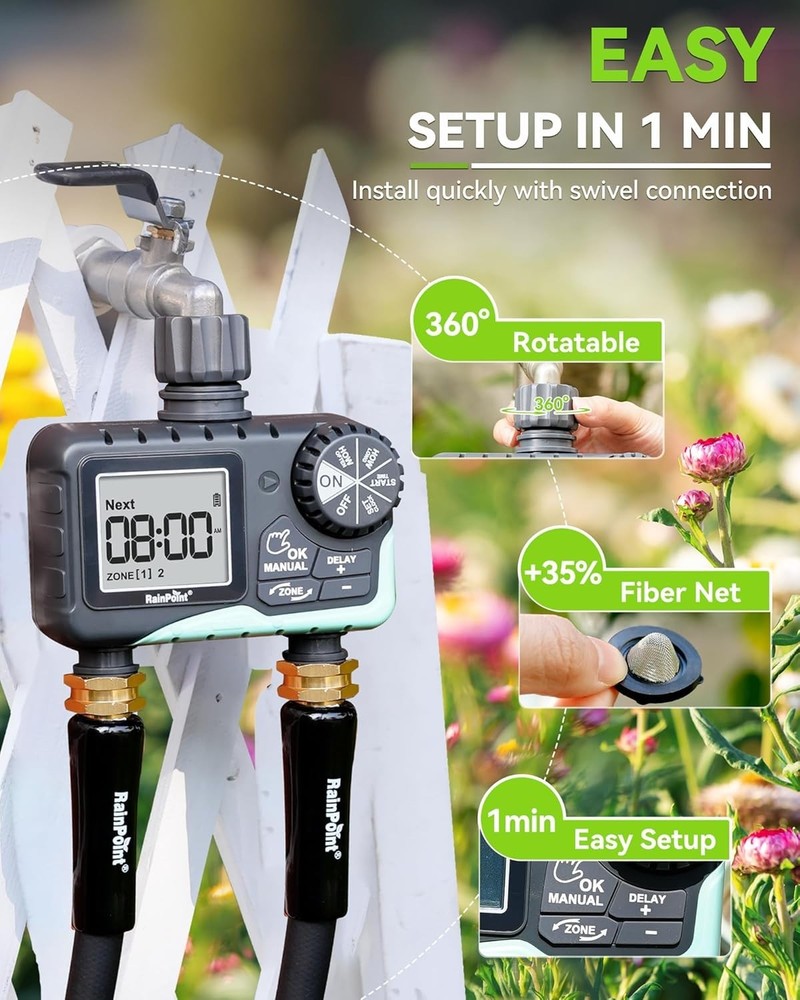 Programmable Sprinkler Timer for Lawn - 7 Settings, Easy Setup, Rain Delay