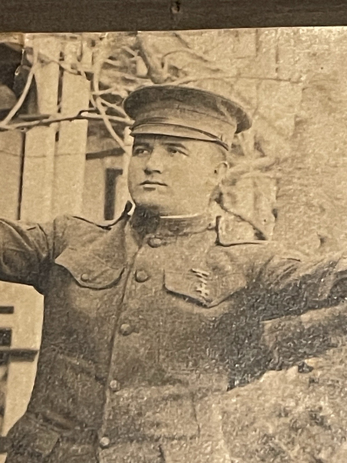 WW1 Photograph Young Military Soldier In Uniform With Medal & Hat - Sepia Color