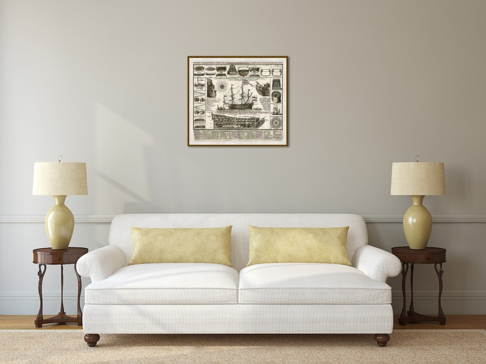 Sailing war ship section rigging chart construction plan Seutter 1740 art poster