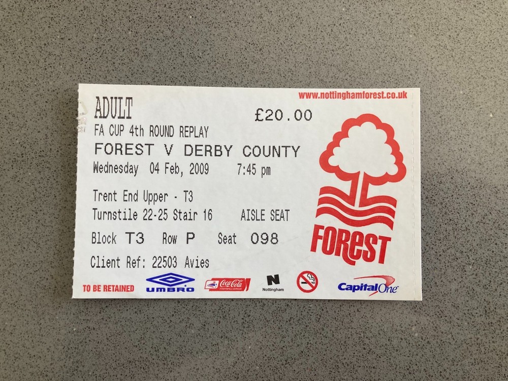 Nottingham Forest v Derby County 2008-09 Match Ticket,
