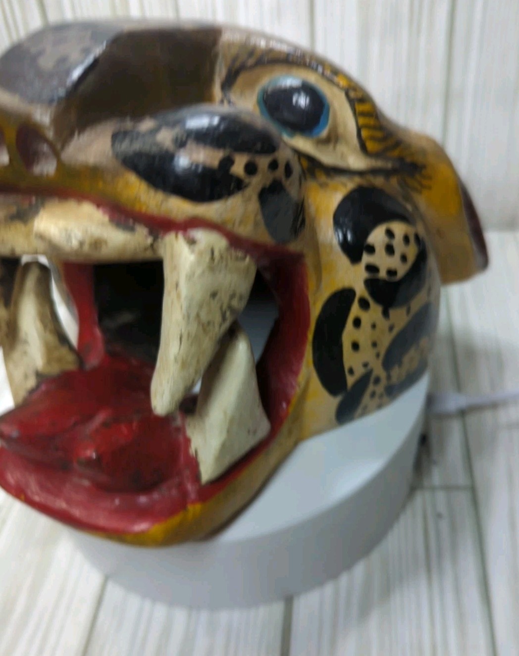 Mexican Nahua Folk Art Guerrero Carved Wood Cat Jaguar Animal Head