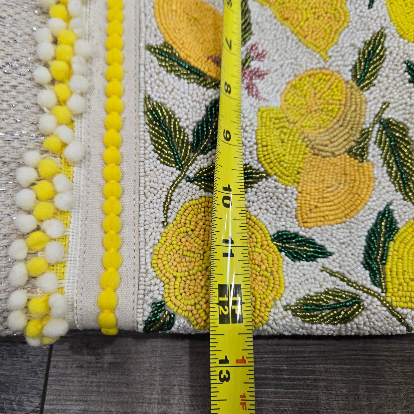 America & Beyond Beaded Lemon Tote Bag Silver Lurex Pom Pom Trim Yellow Lining