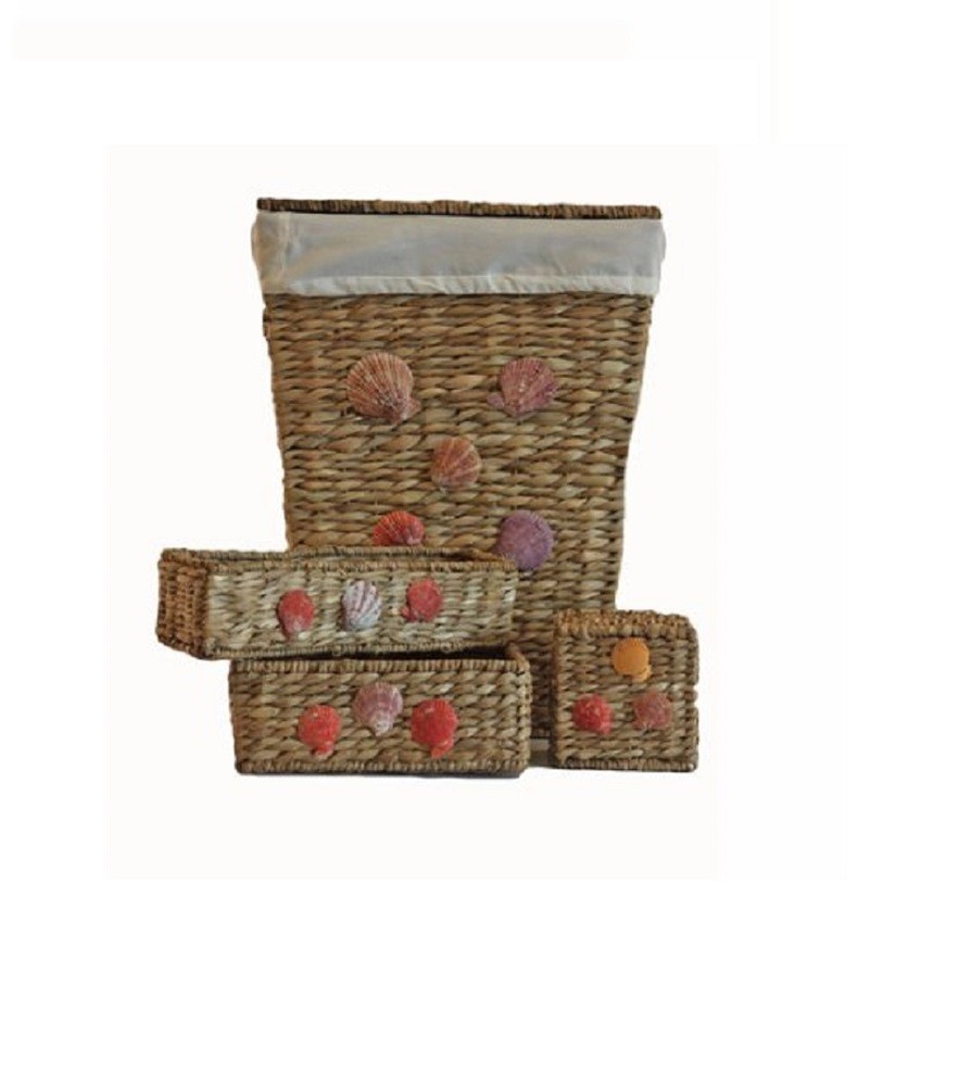 Baum 4Piece Hamper Set with MultiColored Shell Trim Beige