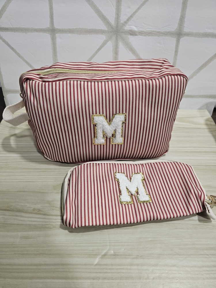 DOSUKE Cosmetic Bag w/ Brush pouch "M" Red & White Stripe Inside Pockets