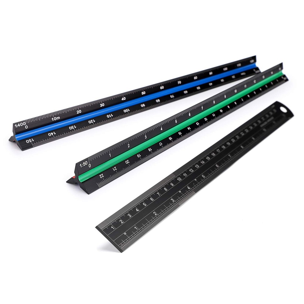 OwnMy 3 Pack 30CM Solid Aluminum Triangular Architect Scale Ruler Multicolor
