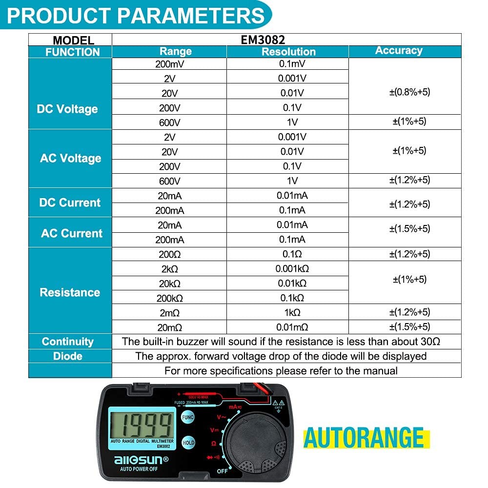 allsun Mini Auto Range Folding Digital Multimeter Compact, Red and Black