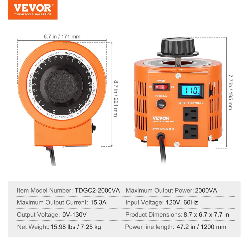 VEVOR 2000VA Variable Voltage Transformer 15.3A 0-130V Voltage Regulator LCD