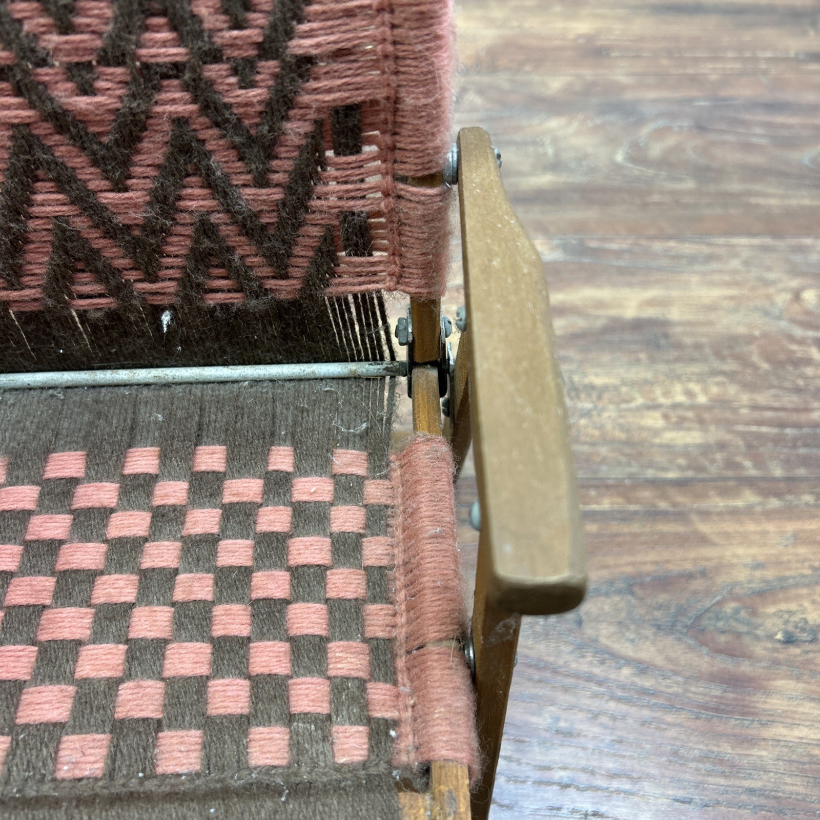 Macrame Wooden Folding Baby Doll Chair Vintage Handwoven Brown Pink ** DOLL SIZE