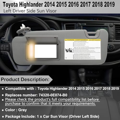 Driver Left Side Sun Visor Replacement Compatible with Toyota Gray(Left Driver)