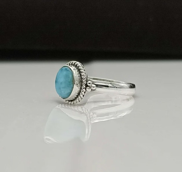 Solid 925 Sterling Silver Natural Larimar Oval Gemstone Rope Border Band Ring