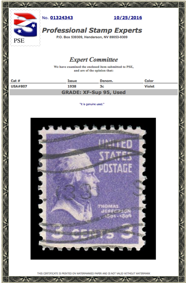 #807 Used, PSE Graded 95, Cert # 01324343