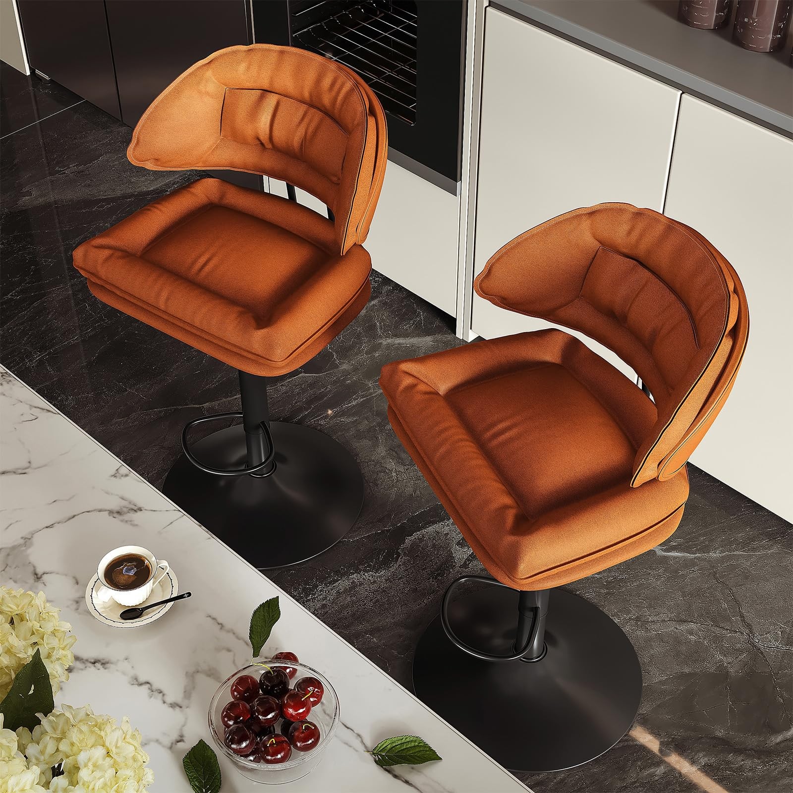 Modern Bar Stools Set of 2 Ergonomic Upholstered Swivel Adjustable Orange