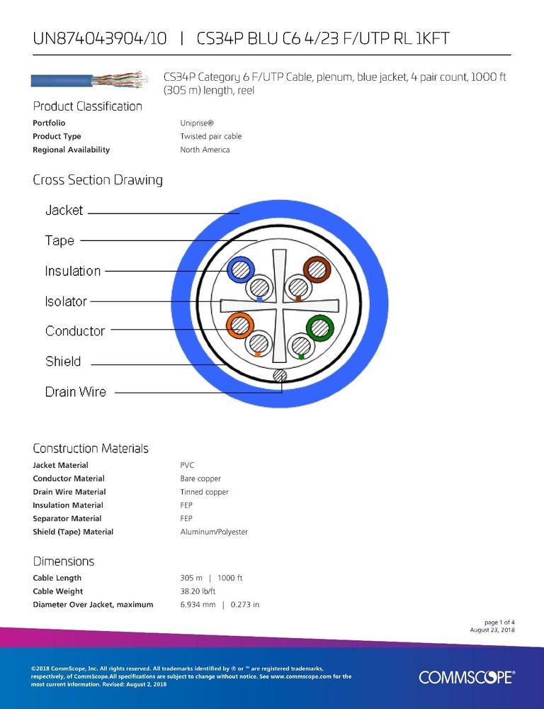 Commscope CS34P 23/4P Cat6 F/UTP WebTrak Plenum Shield Network Cable Blue /100ft
