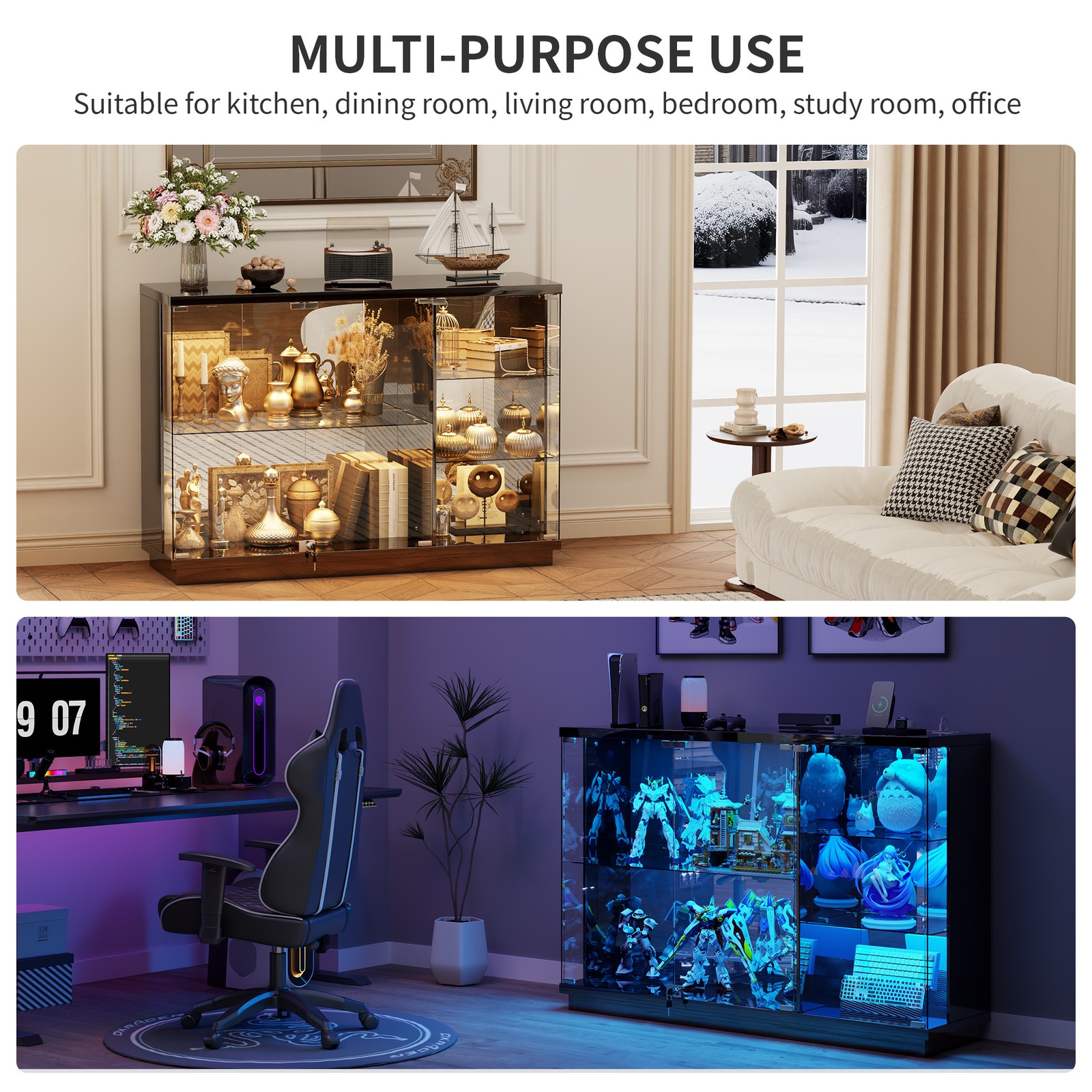 Gurexl Glass Display Cases with Human Sensor and 3 Color Lights for Collectibles