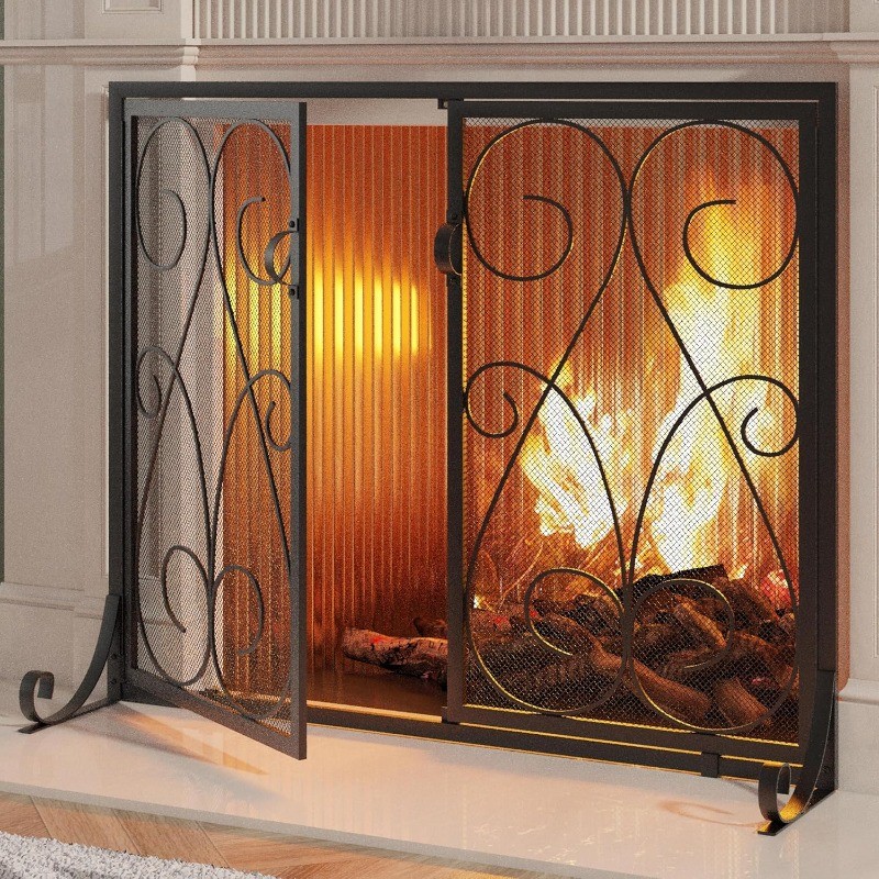 Fireplace Screen with Doors Handcrafted Wrought Iron Decorative Mesh, Symmetric