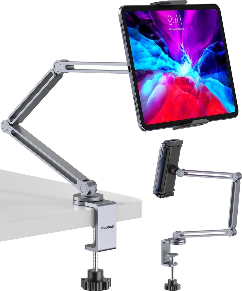 YICOSUN Tablet Arm Mount with Super Grip, Adjustable Foldable Holder & Gray