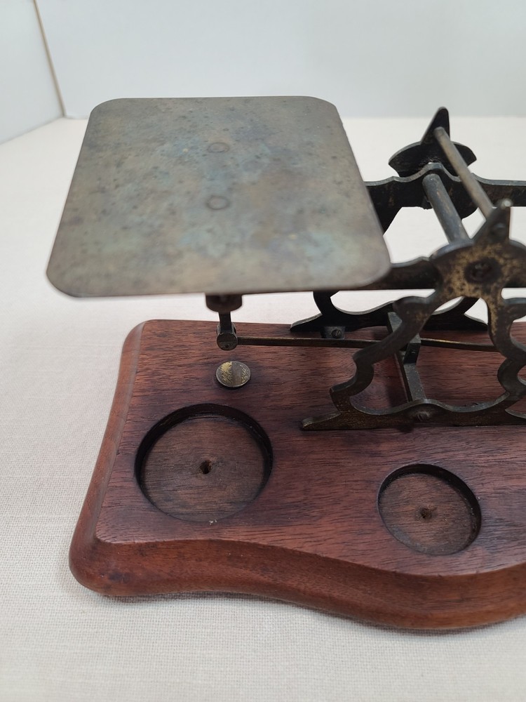 Antique Postal Scale Brass W/Walnut Base and Weights