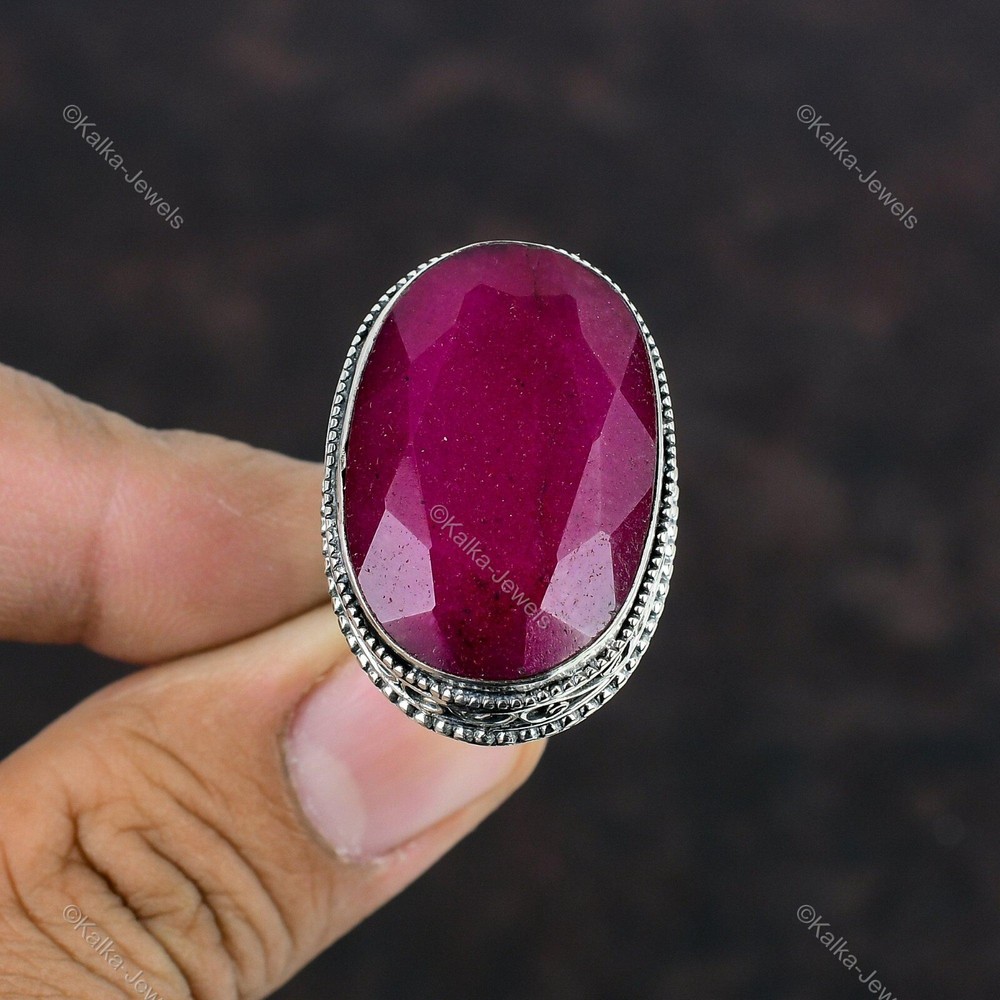 Kashmir Rubi Gemstone Stackable Vintage Red Adjustable Ring 925 Sterling Silver