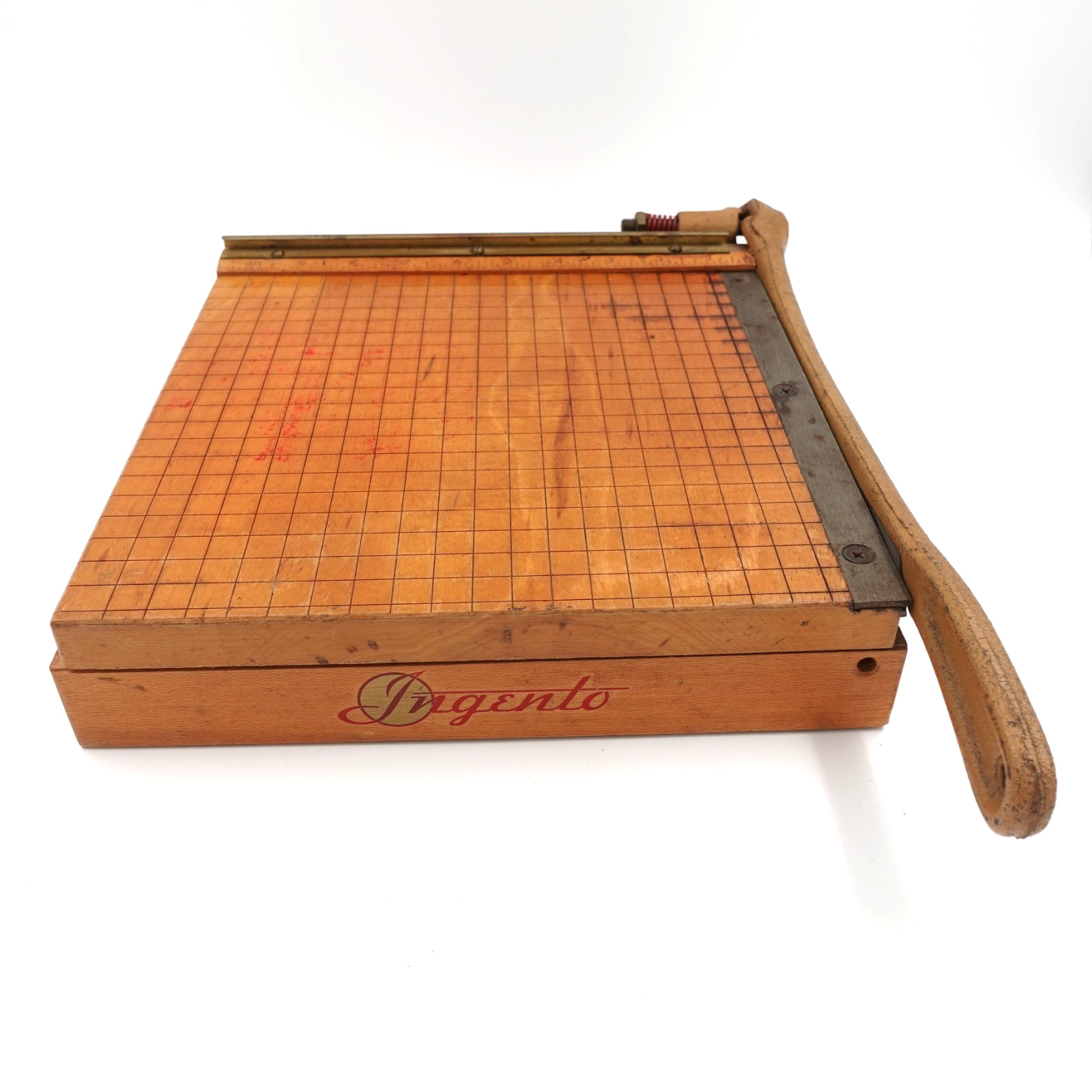 Vintage Ingento No 3 Paper Cutter Guillotine Cast Iron Arm Wood Base 10"